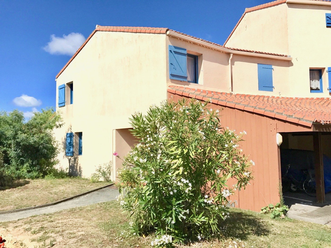The exterior of B26 with blue shutters and an oleander in the garden